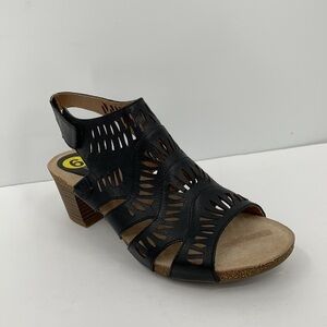 Josef Seibel Sunny black leather sandal laser bootie cut-out heel shoe new 40 9